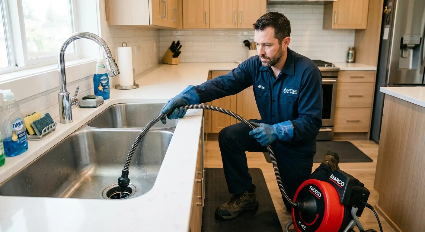 Drain cleaning technician using a motorized snake on a kitchen sink in Kochville
