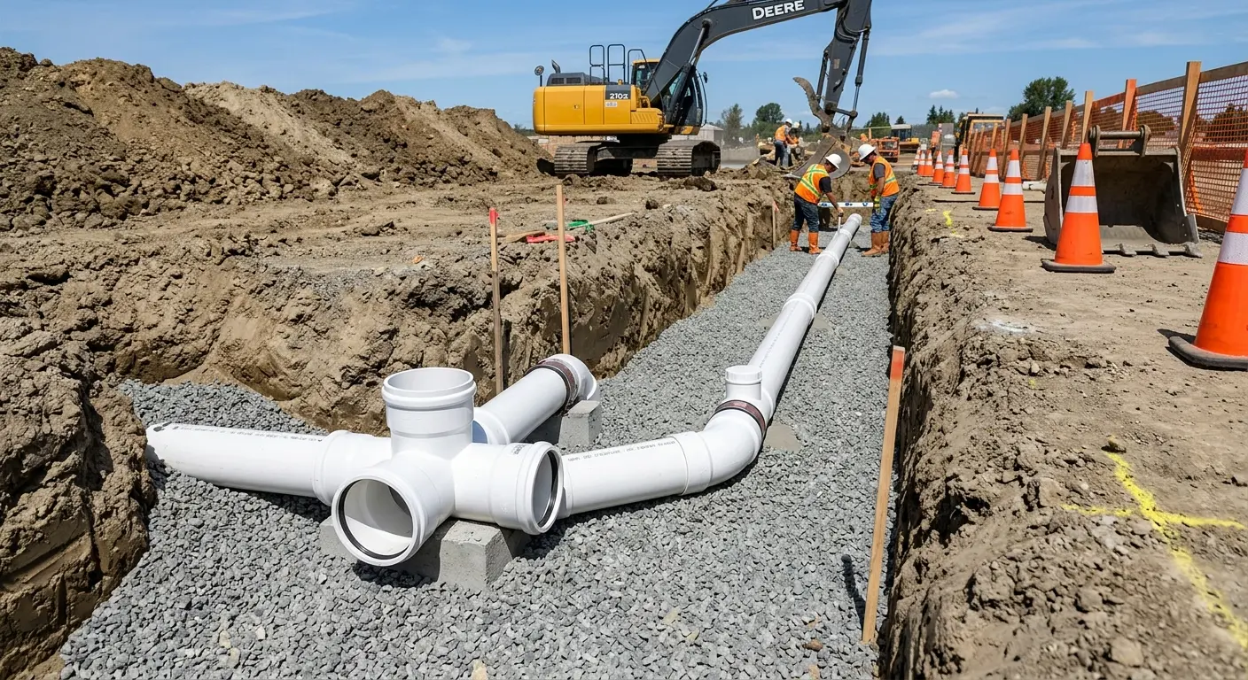New PVC sewer pipe installation in open trench for Sewer Backup in Kochville