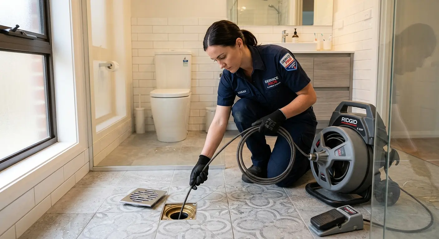 Technician clearing a bathroom floor drain for Drain Cleaning in Kochville